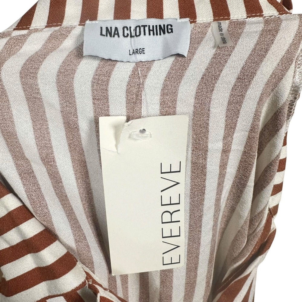 LNA Evereve Alpine Striped Button Down Shirt Drawstring Hem Brown Ivory L NWT - Picture 12 of 13